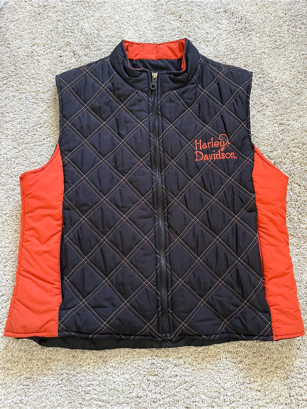 Harley-Davidson Women's Lightweight Hooded Puffer Vest Size XL Black Orange Zip